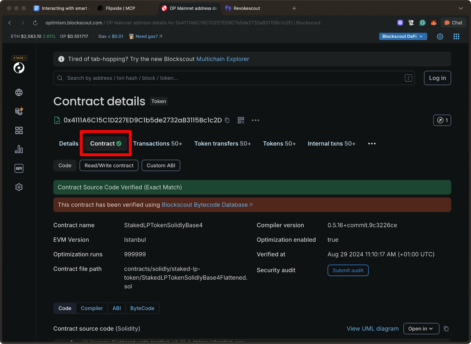 Blockscout blockchain explorer showing verified smart contract details for StakedLPTokenSolidlyBase4 token contract on Optimism mainnet with contract address, verification status, and source code information