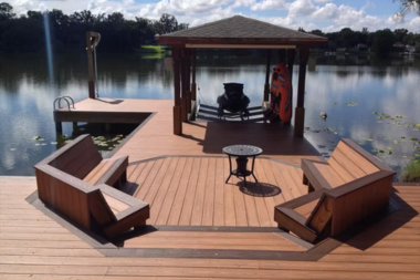 top northern michigan lakefront landscaping ideas dockside lounging area with composite benches and boat structure custom built boyne city