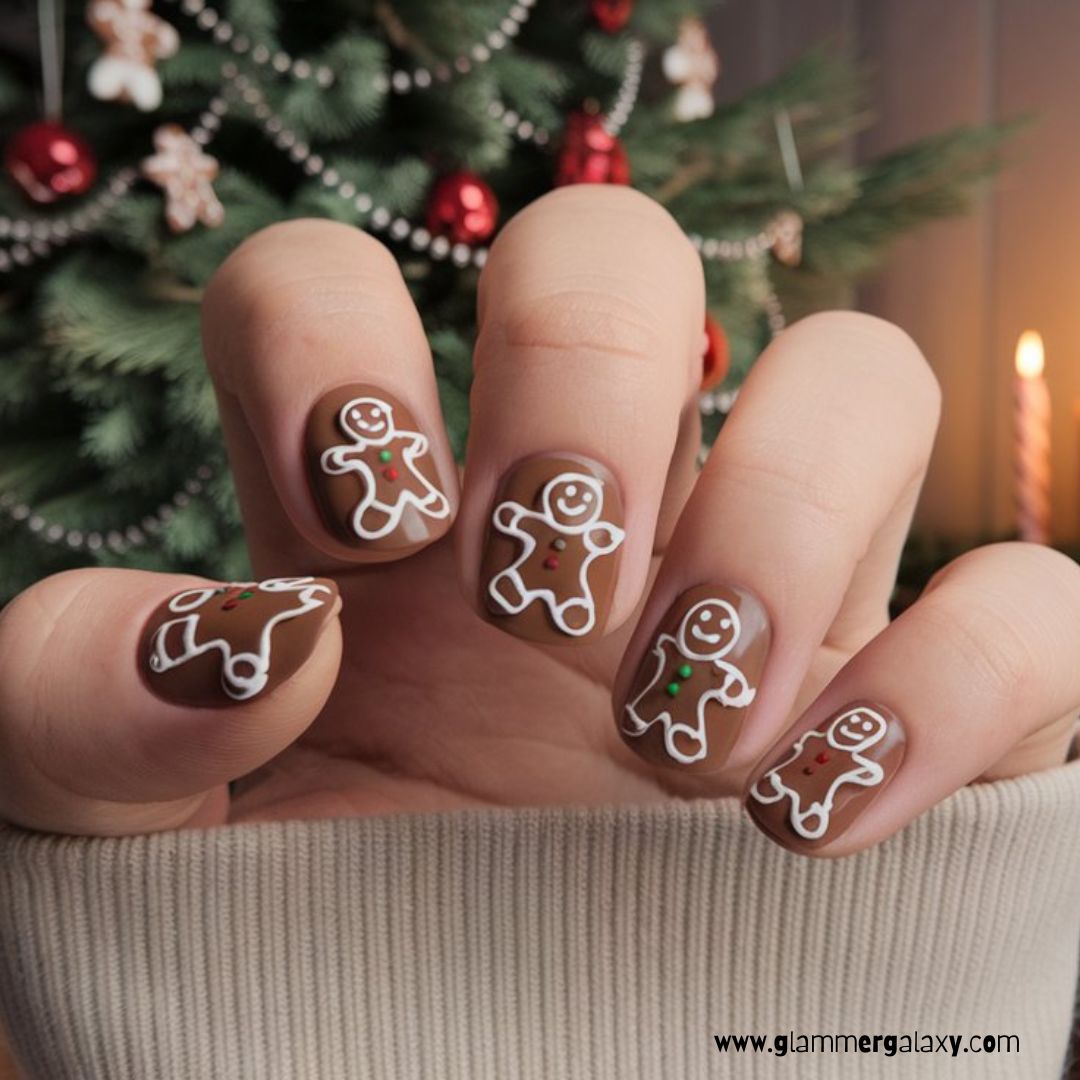 Christmas holiday Nails having Cozy Gingerbread Cookie Designs
