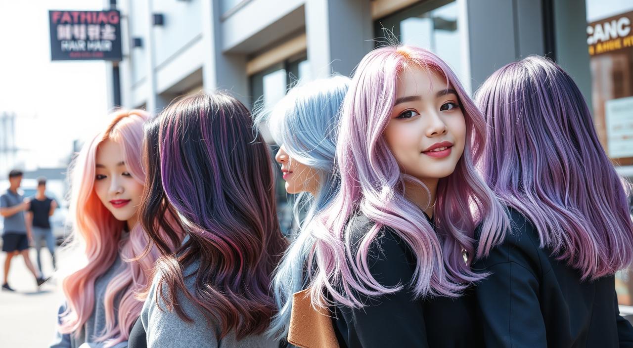 A vibrant scene showcasing a variety of trendy Korean hair color styles, featuring a blend of pastel pinks, icy blues, and deep purples. Include an array of textured hairstyles like soft waves, straight locks, and playful bobs, all set against a modern, urban backdrop with stylish street fashion elements. Emphasize the shine and dimension of the hair colors under natural light, creating a dynamic and youthful atmosphere.