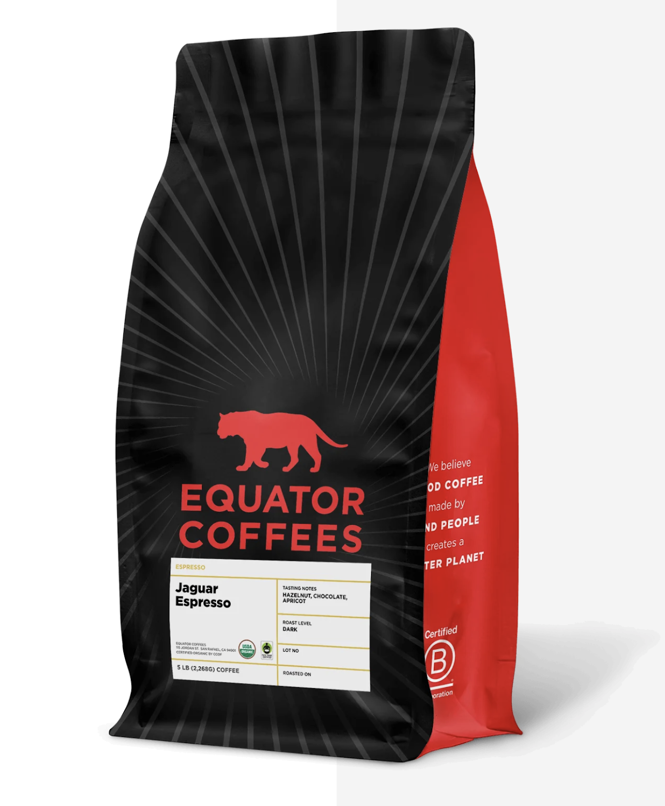 Equator Coffees Jaguar Fair Trade Organic Espresso: A dark, bold blend with apricot and chocolate notes, crafted to support ethical farming practices.