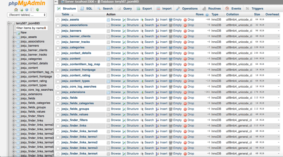 Une capture d'écran de la barre latérale de phpMyAdmin.