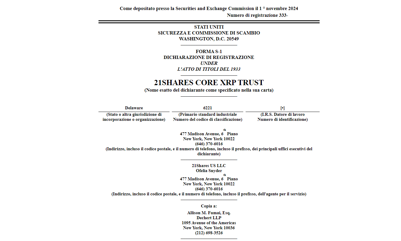 21shares etf crypto xrp documento s-1 sec