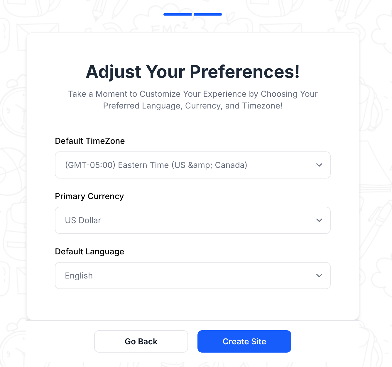 Choosing timezone, currency, language