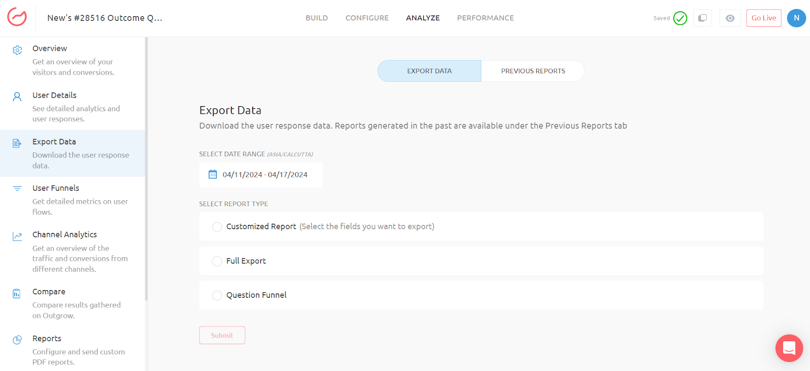 Outgrow's export data tab