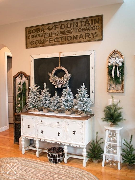 Charming Vintage Sideboard with Frosted Mini Trees