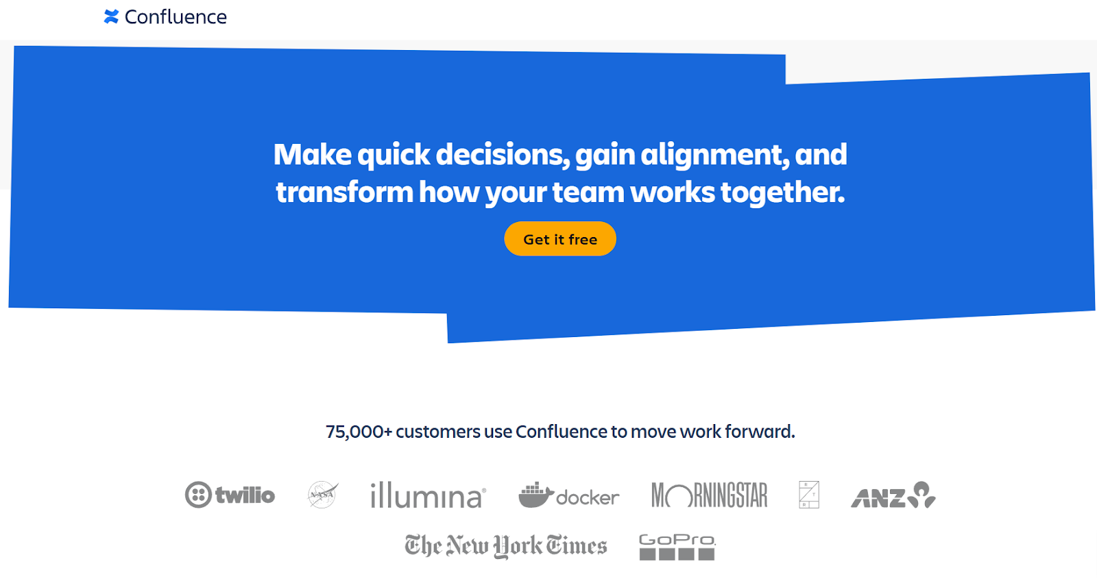 Screenshot of trust builders and social proof from Confluence's PPC landing page