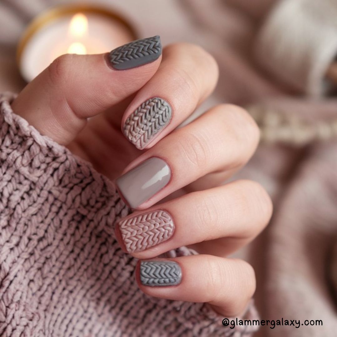 Bold Fall Nail Art Designs Having Knitted Sweater Effect Nails
