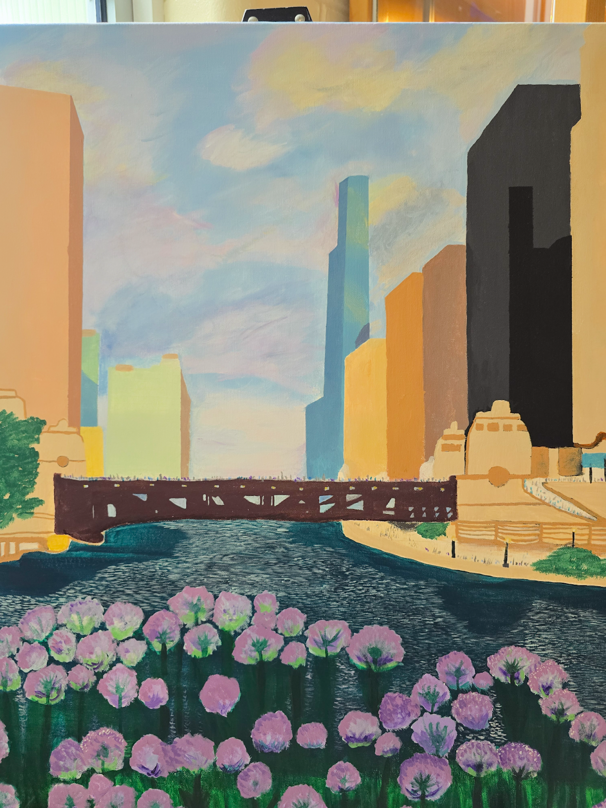 student painted flowers and city scape