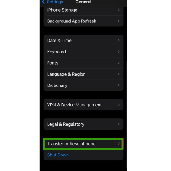 Screenshot of an iPhone’s ‘General’ settings menu highlighting the ‘Transfer or Reset iPhone’ option, relevant to Data Network settings.” 😊