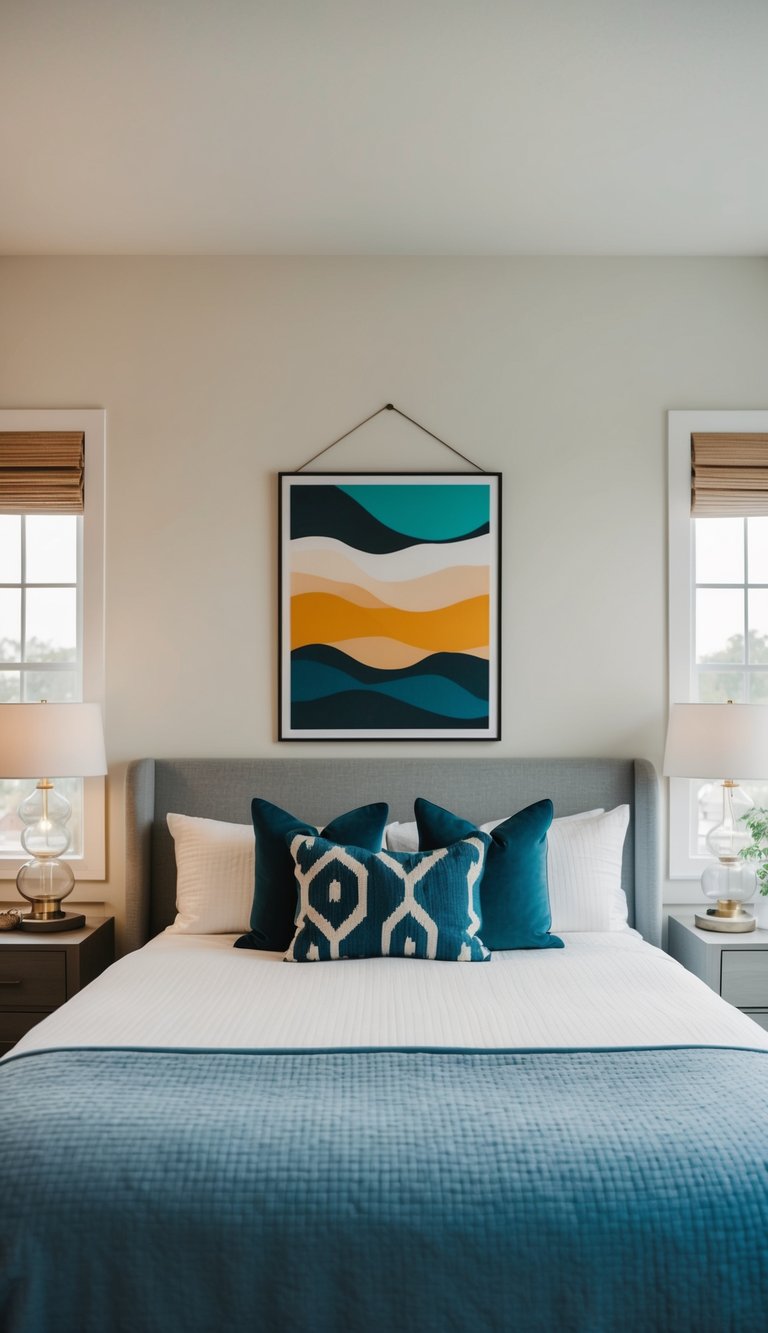 A cozy guest bedroom with a modern art print hanging above the bed, surrounded by contemporary decor and soft lighting