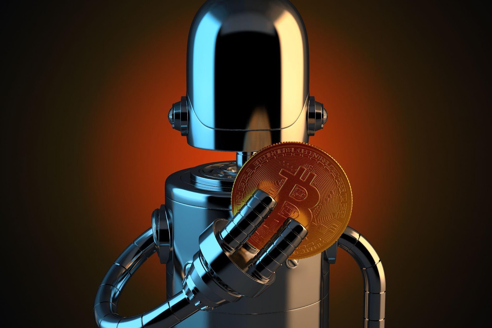 A sleek robot holding a Bitcoin (Blockchain)