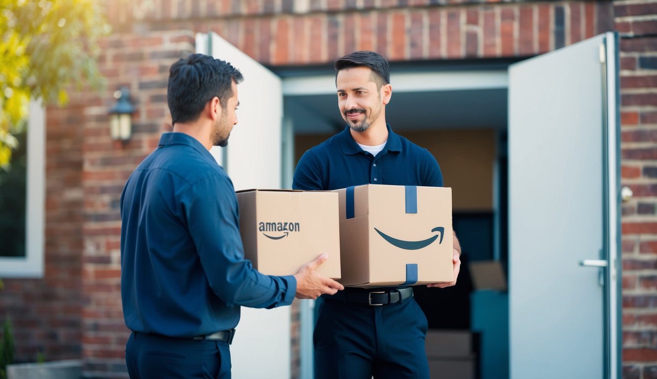 A customer receiving a package from an Amazon delivery person, inspecting the contents, and then filing a claim online