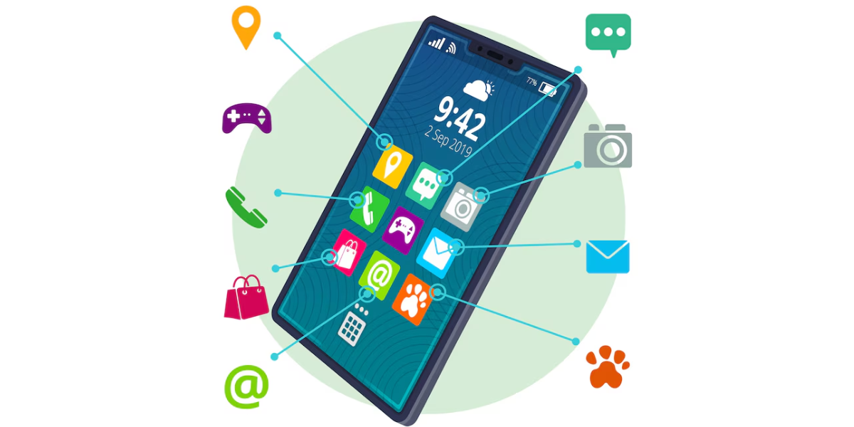 a giant phone with floating app icons