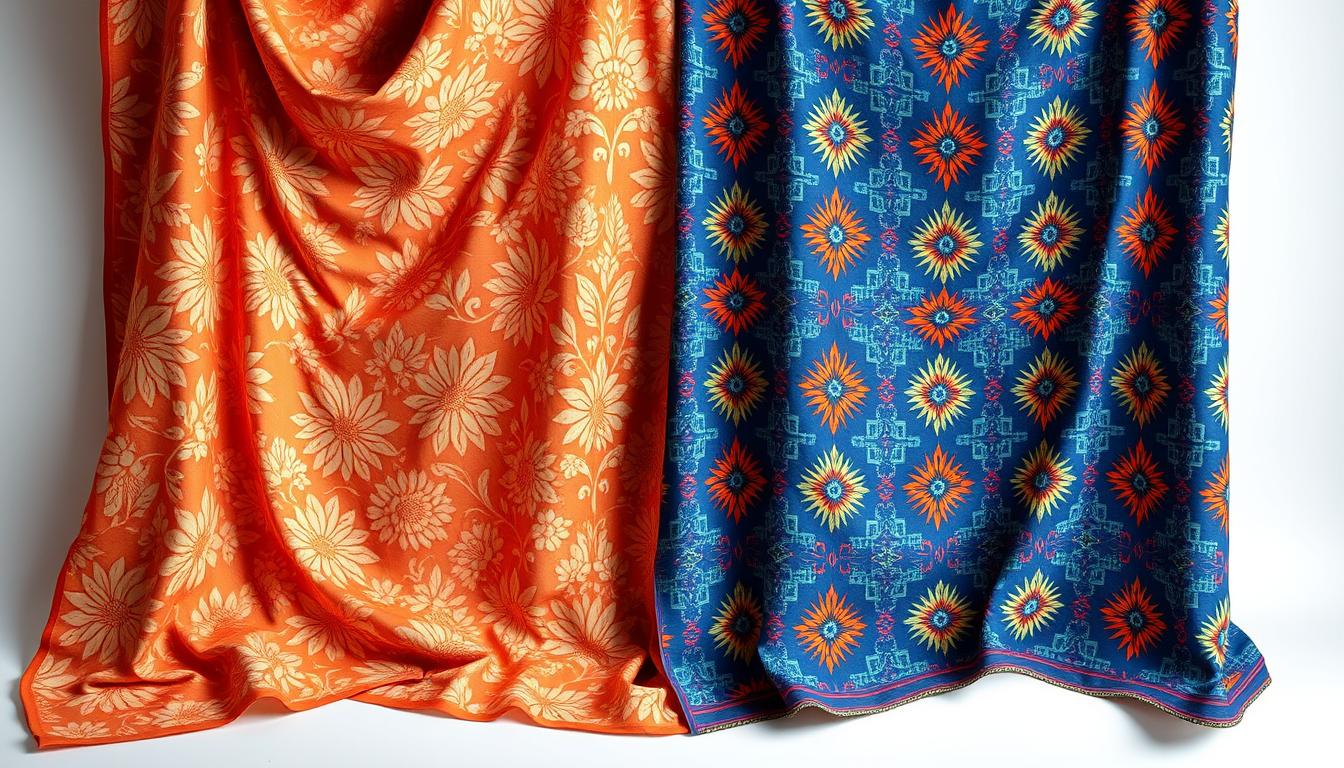 A side-by-side comparison of Indonesian batik and Malaysian batik, meticulously rendered in a realistic, detailed style. The Indonesian batik features intricate floral patterns in warm hues, while the Malaysian batik showcases bold geometric designs in vibrant, jewel-toned colors. The fabrics are draped and lit to highlight their unique textures and designs, creating a harmonious visual contrast between the two cultural traditions. Crisp lighting from multiple angles emphasizes the depth and complexity of the patterns, inviting the viewer to explore the subtle nuances that distinguish these iconic textile arts.