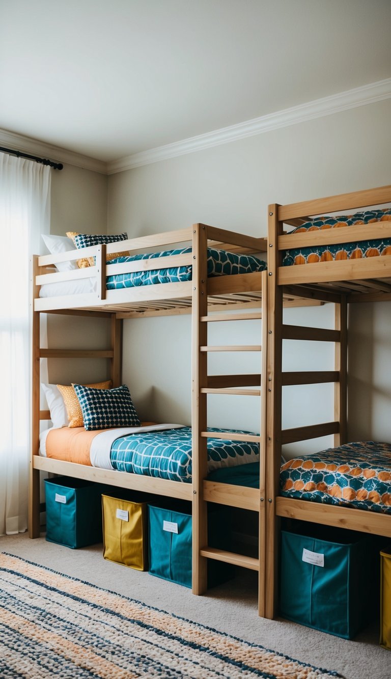 Three-tiered bunk beds arranged in a spacious, well-lit room with colorful bedding and personal storage compartments for each bunk