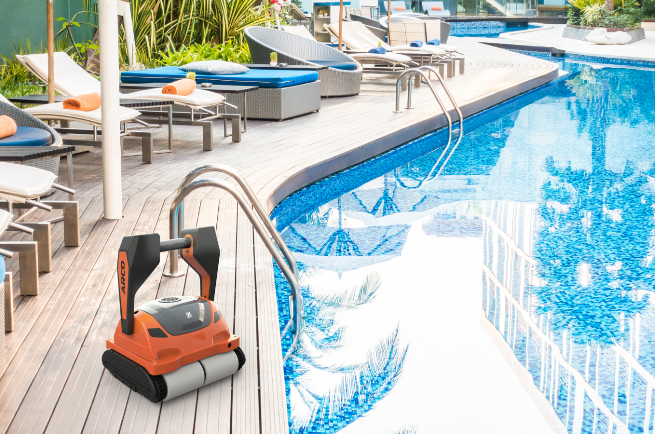Pool cleaning robots beside a pool