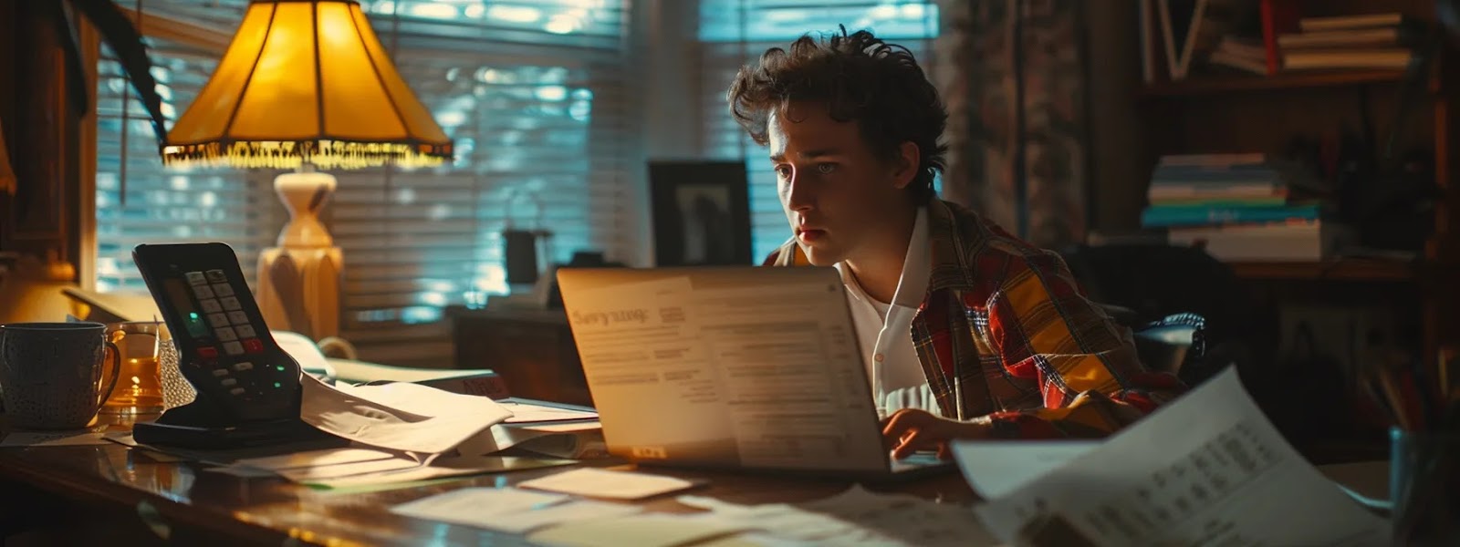 a person sitting at a desk surrounded by car insurance documents, calculators, and a laptop, deep in thought while assessing their individual insurance needs in oklahoma.