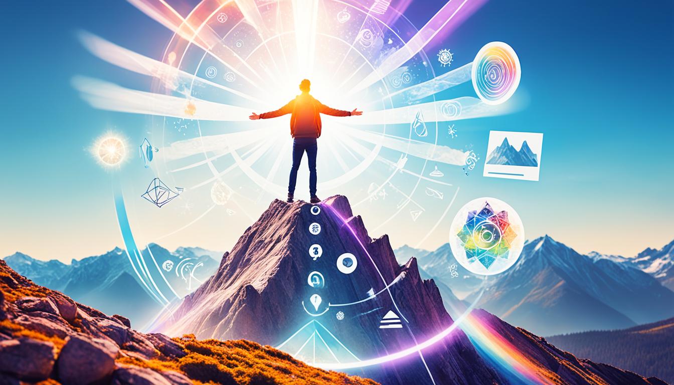 An image of a person standing on top of a mountain, surrounded by bright light and holding a crystal clear vision of their desired future. The person is radiating with positive energy, and there are symbols representing their aspirations floating around them. In the foreground, depict the person engaging in a daily manifestation routine that includes journaling, visualizing, meditating, and taking inspired action towards their goals. The image should convey a sense of hope, clarity, purpose, and determination.