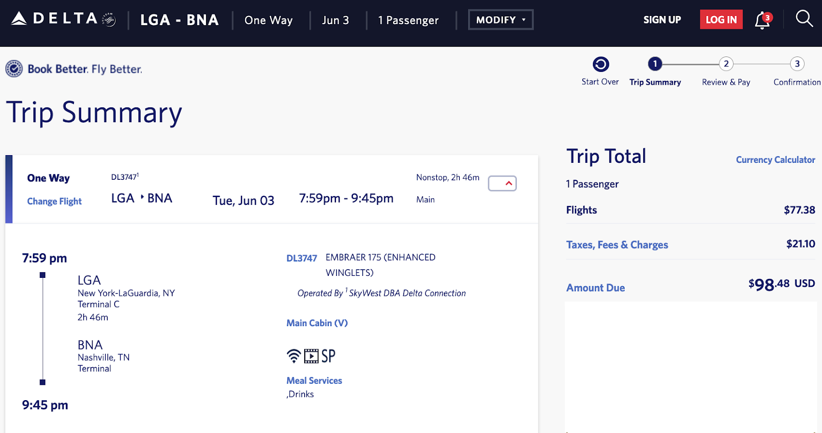 cash cost of LGA to BNA