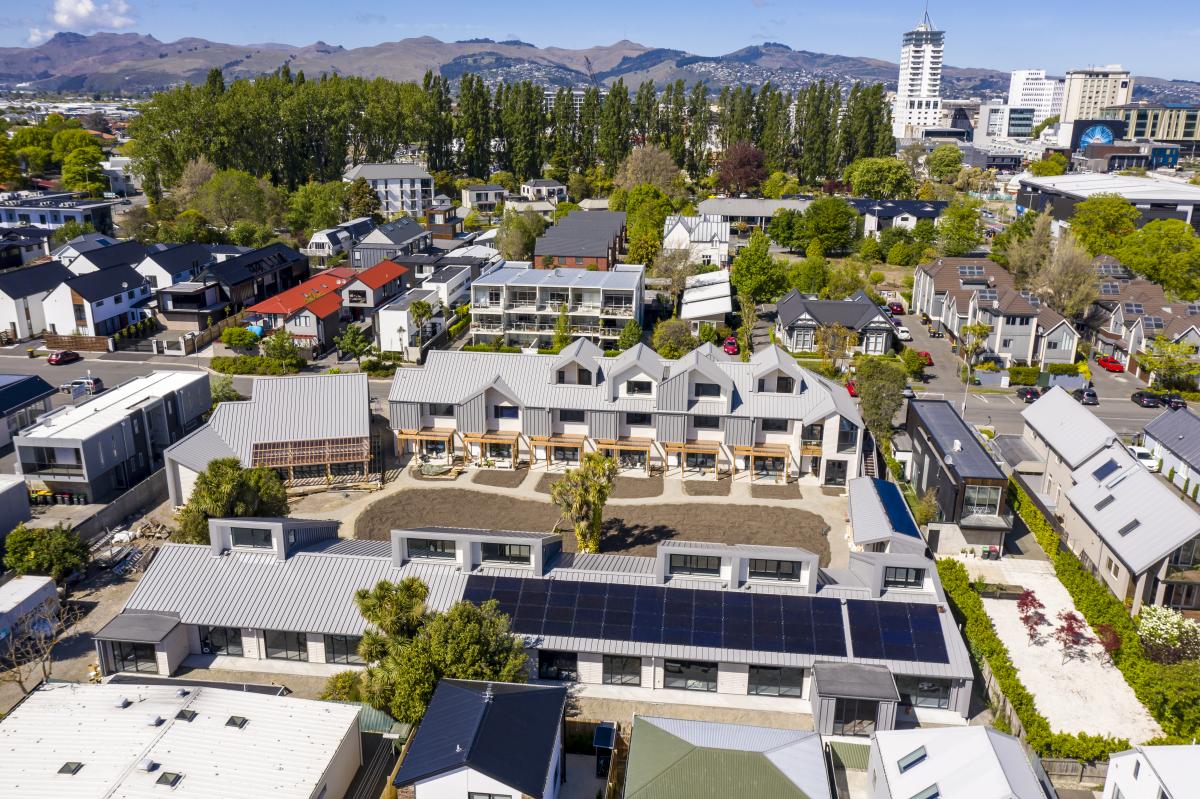 Aerial shot of a Peterborough Housing Cooperative neighbourhood.