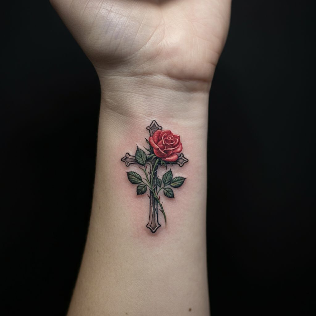 Cross with Flowers Tattoo on forearm 