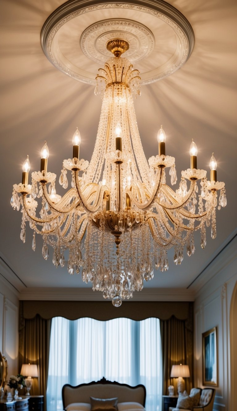 A grand chandelier hangs above a luxurious master bedroom, casting a warm and romantic glow over the elegant decor