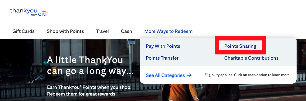 screenshot of points sharing option with citi