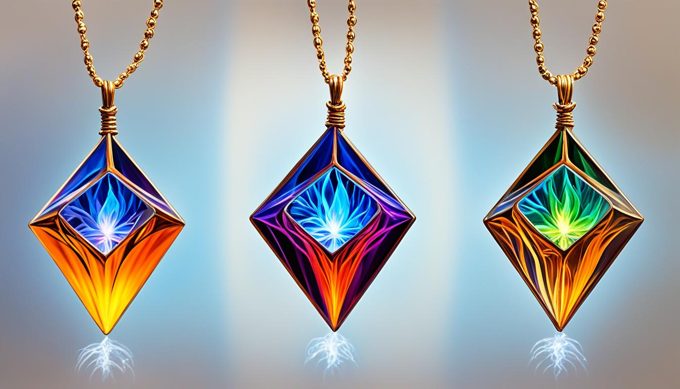 An image of a crystal "Elemental Power Charm" that glows with the energy of all four elements, representing the harmony and balance necessary for successful manifestation. The charm is suspended in midair, surrounded by swirling tendrils of wind, blazing flames, flowing water, and solid earth. Each element is distinct yet interconnected, showcasing the power of harnessing their energy in tandem. The charm itself is intricately carved, with geometric patterns that reflect the sacred geometry found in nature. The colors of the elements are vibrant and intense, creating a sense of awe and wonder at the natural forces at play.