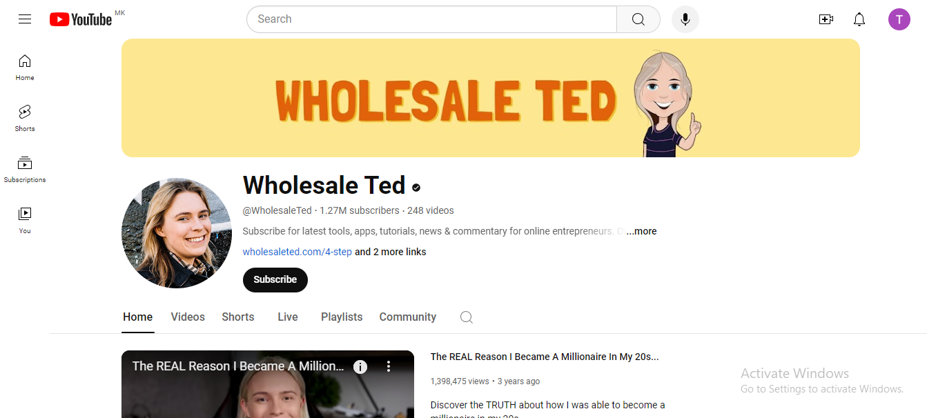 Wholesale Ted, or Sarah Chrisp, is one of the most respected dropshipping YouTube channels. Her channel has over 1.27M subscribers, and have 248 videos shared.