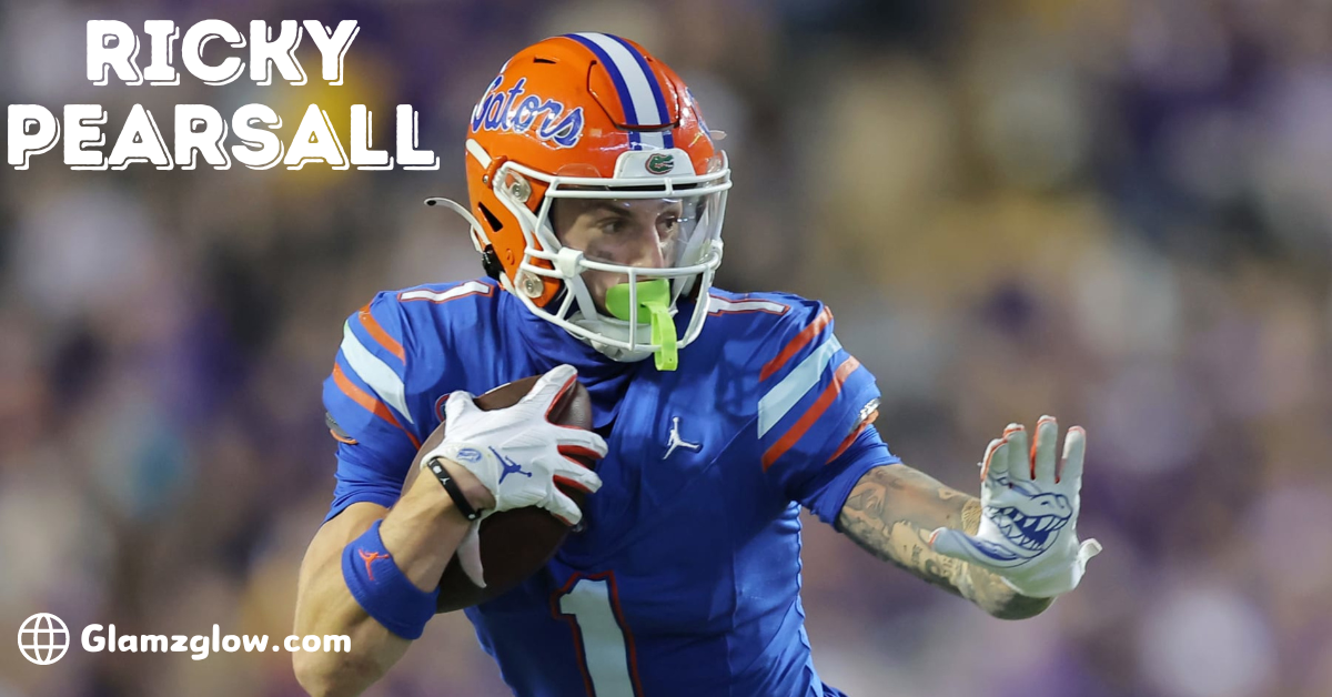 Ricky Pearsall, a football player wearing a blue and orange Florida Gators uniform, is running with the ball during a game. The image features the text 'Ricky Pearsall' in bold white letters in the top left corner, and 'Glamzglow.com' in the bottom left corner.