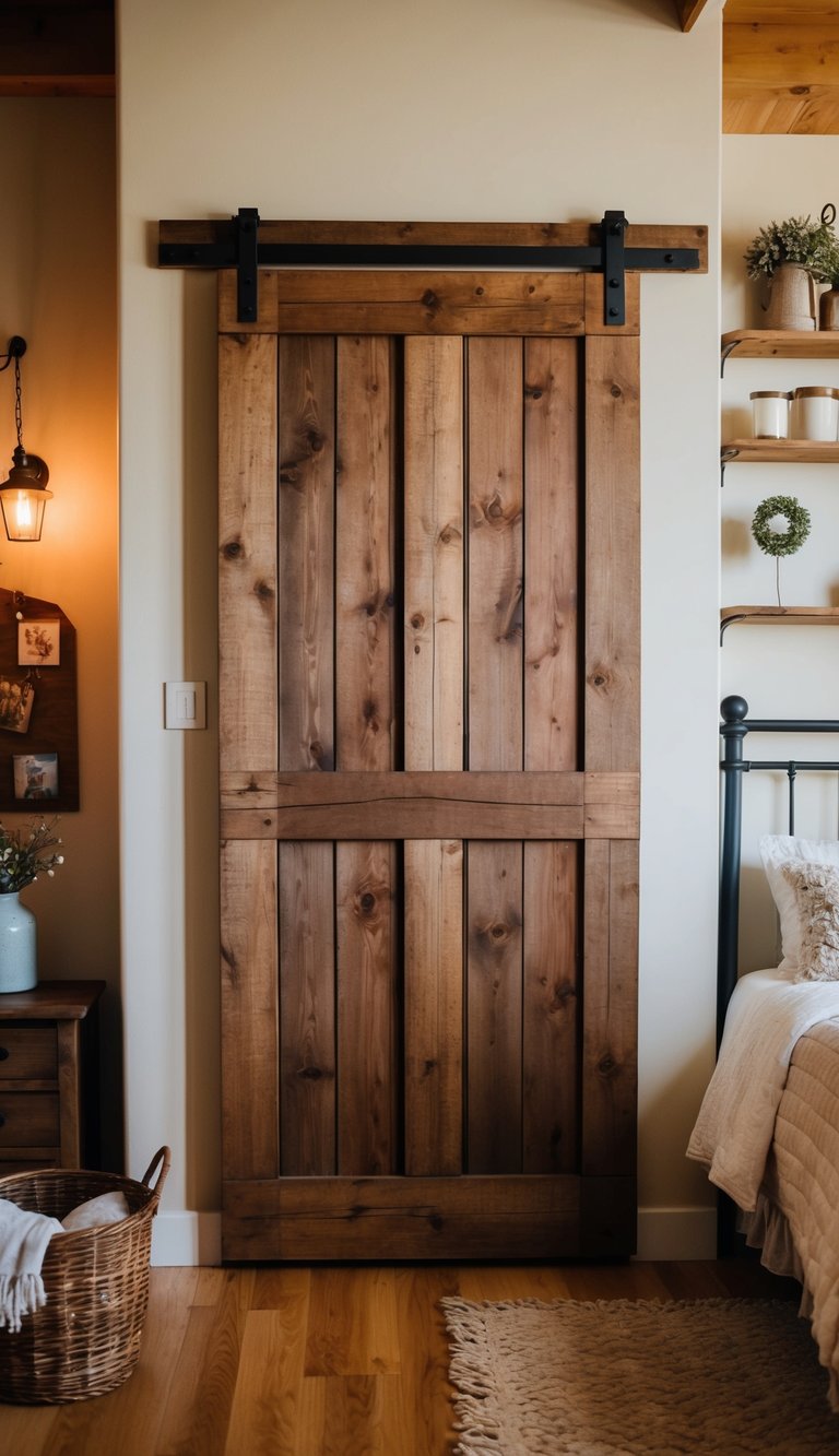 A rustic barn door closet in a cozy farmhouse bedroom with warm lighting and charming decor