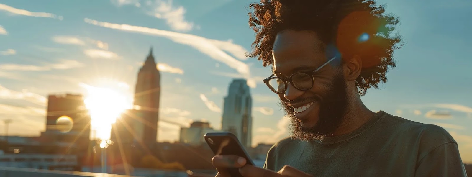 a person smiling while receiving a digital auto insurance quote on their smartphone in front of a sunny tulsa skyline.