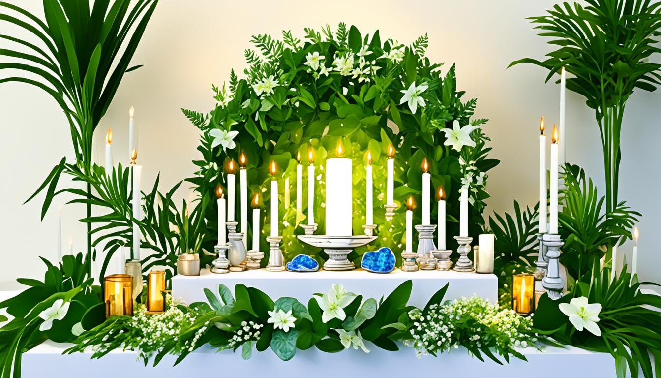 An image of an altar adorned with crystals, candles, and coins, surrounded by lush green plants and flowers. The altar should feel abundant and inviting, with the glow of the candles casting a warm light over the space. In the center of the altar should be a small bowl filled with water, symbolizing abundance and flow. The coins should be arranged in a geometric pattern, radiating outwards from the bowl. The crystals should be placed strategically around the altar, adding to the energy of abundance and prosperity. The plants and flowers should be overflowing, with vibrant colors and textures adding to the luxurious feel of the space.