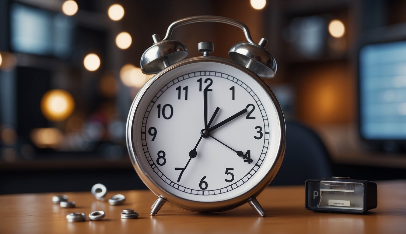 An Amazon seller's pending order, with a loading icon and a frustrated expression, surrounded by question marks and a clock ticking in the background