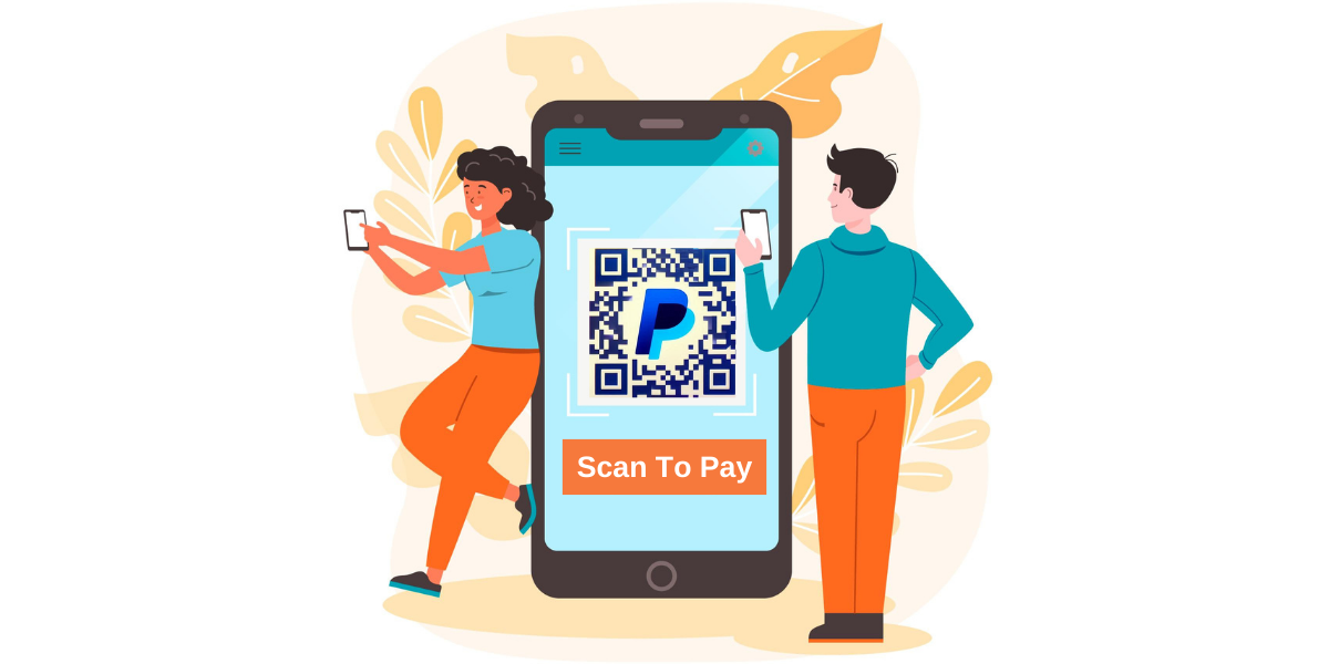 Illustration of a man and woman standing next to a smartphone displaying a PayPal QR code with a 'Scan to Pay' prompt.