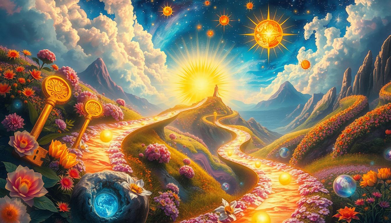 A vibrant dreamscape filled with shimmering pathways leading to various symbolic representations of success, such as golden keys, blooming flowers, and radiant suns. Ethereal figures gracefully interacting with celestial elements like stars and glowing orbs, illustrating the power of belief and intention. Lush landscapes with diverse nature scenes reflecting abundance and growth, blending realism and fantasy in a harmonious balance.