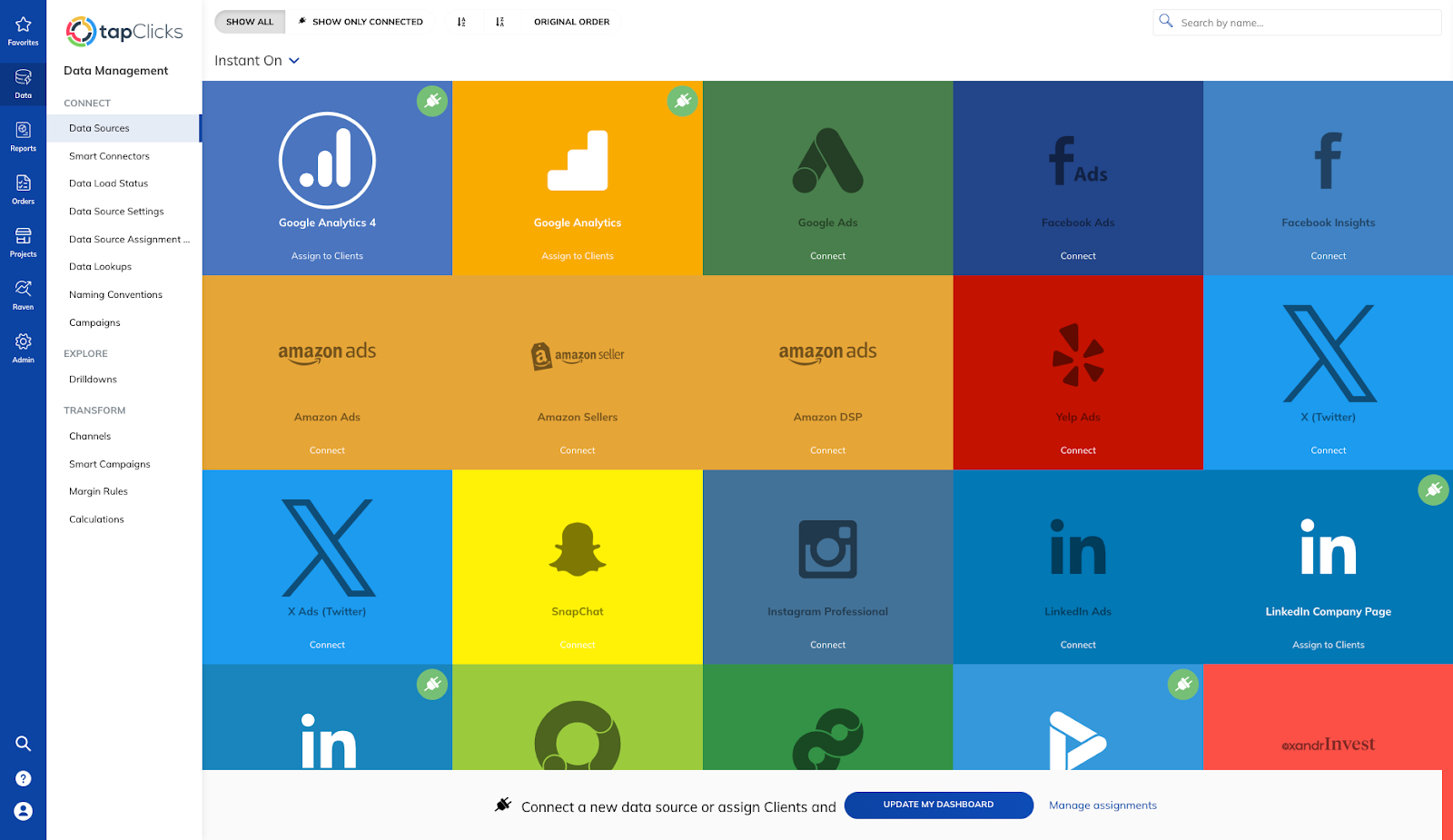 TapClicks instant on connections include Google suite, Facebook, Yelp, Twitter and more. 