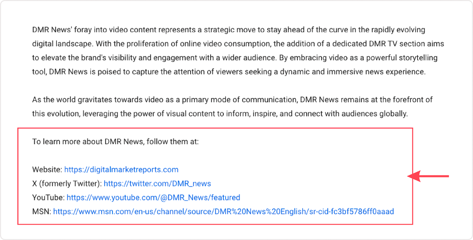 A press release highlighting a clear call-to-action (CTA) section, encouraging readers to follow DMR News on their website, X (formerly Twitter), YouTube, and MSN for more updates.