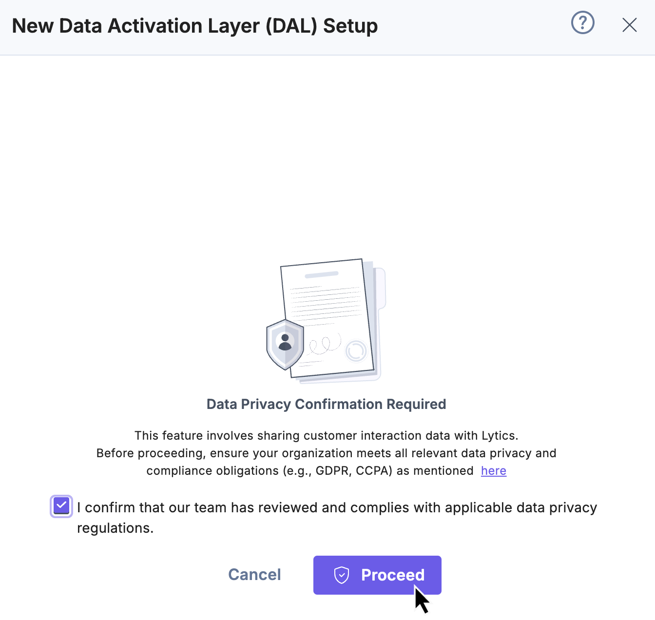 Data privacy confirmation step in DAL setup, with Proceed button selected.