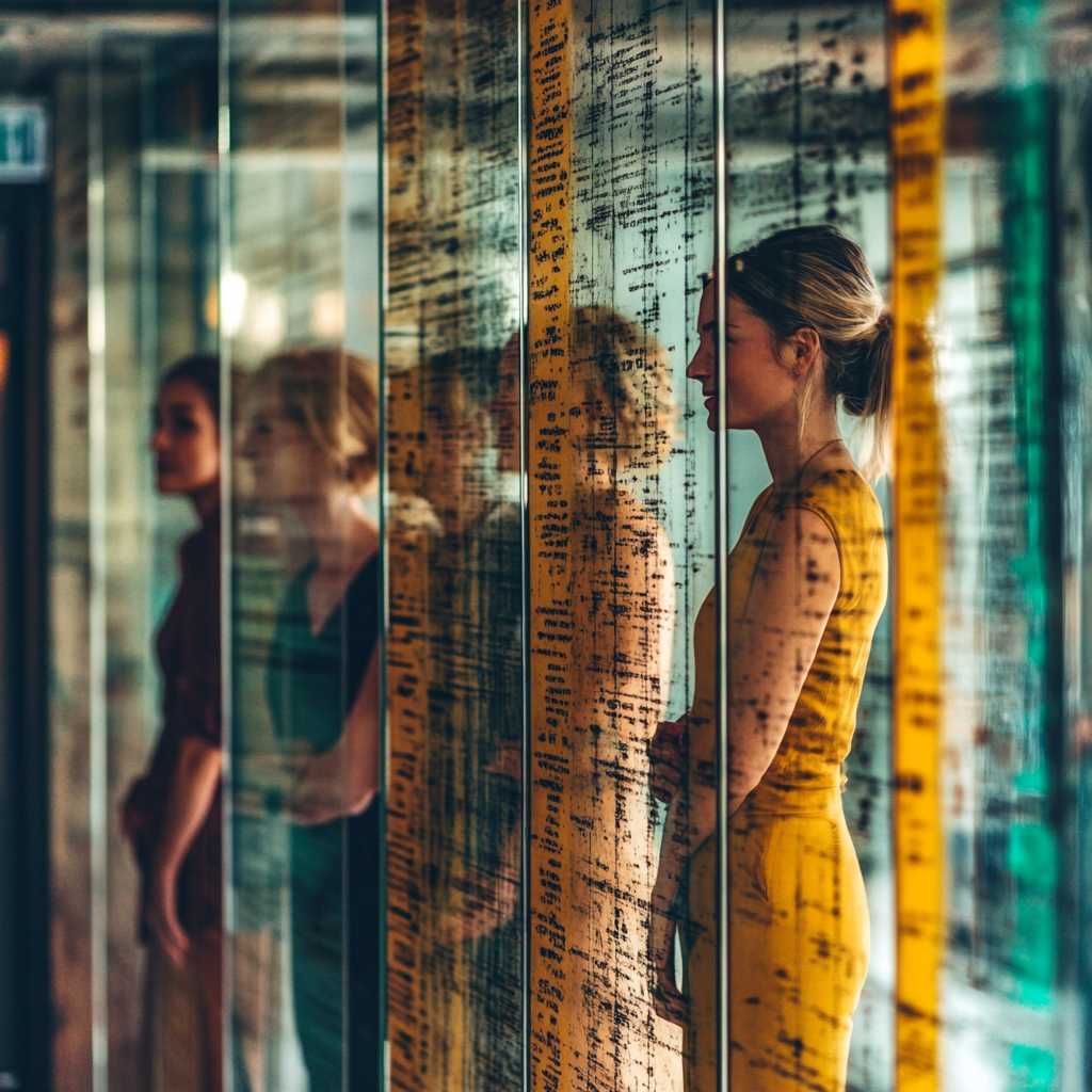 Diverse team standing behind a transparent glass wall with colorful patterns, symbolizing insights from team personality assessments.