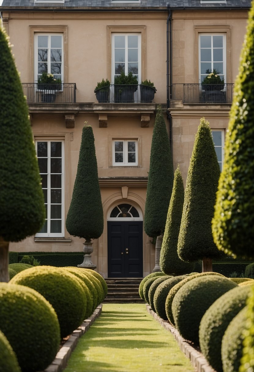 A row of meticulously trimmed topiary trees line the front of a stately house, creating a symmetrical and elegant landscape design