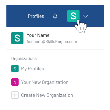 Screenshot of the top right hand corner of a SkillsEngine page with the sidebar open. It includes a curser hand pointing to a small, light blue icon with a white S in the middle. It also shows the list of organization that appear when you click the icon.