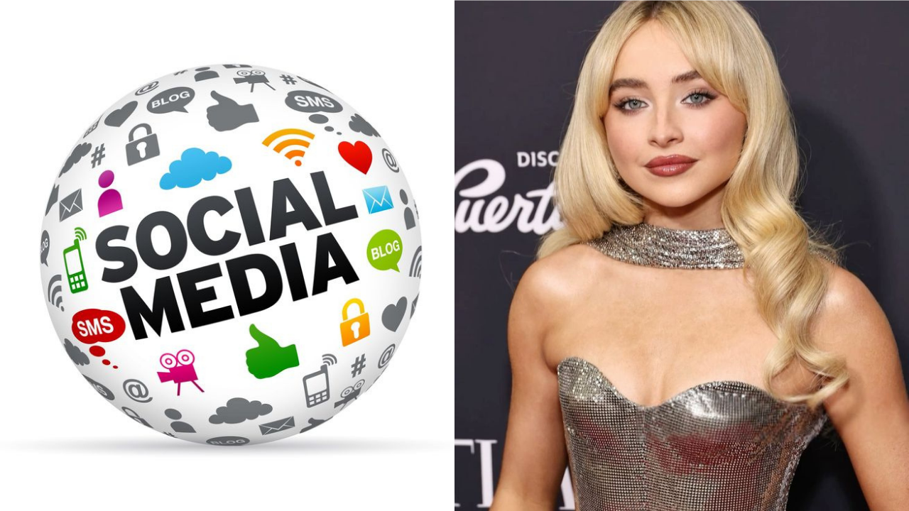 This contain an image of Sabrina Carpenter with  Social media icon 