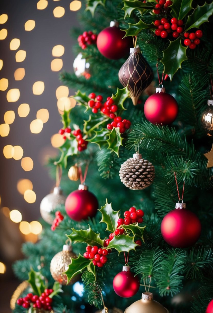 A festive Christmas tree adorned with clusters of holly berries and various ornaments