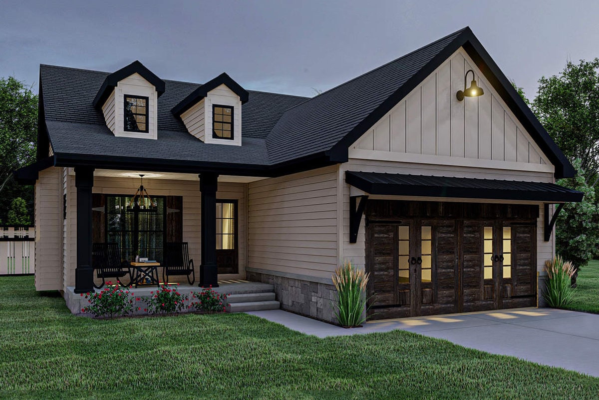 Front rendering of the single-story 1-bedroom craftsman farmhouse.