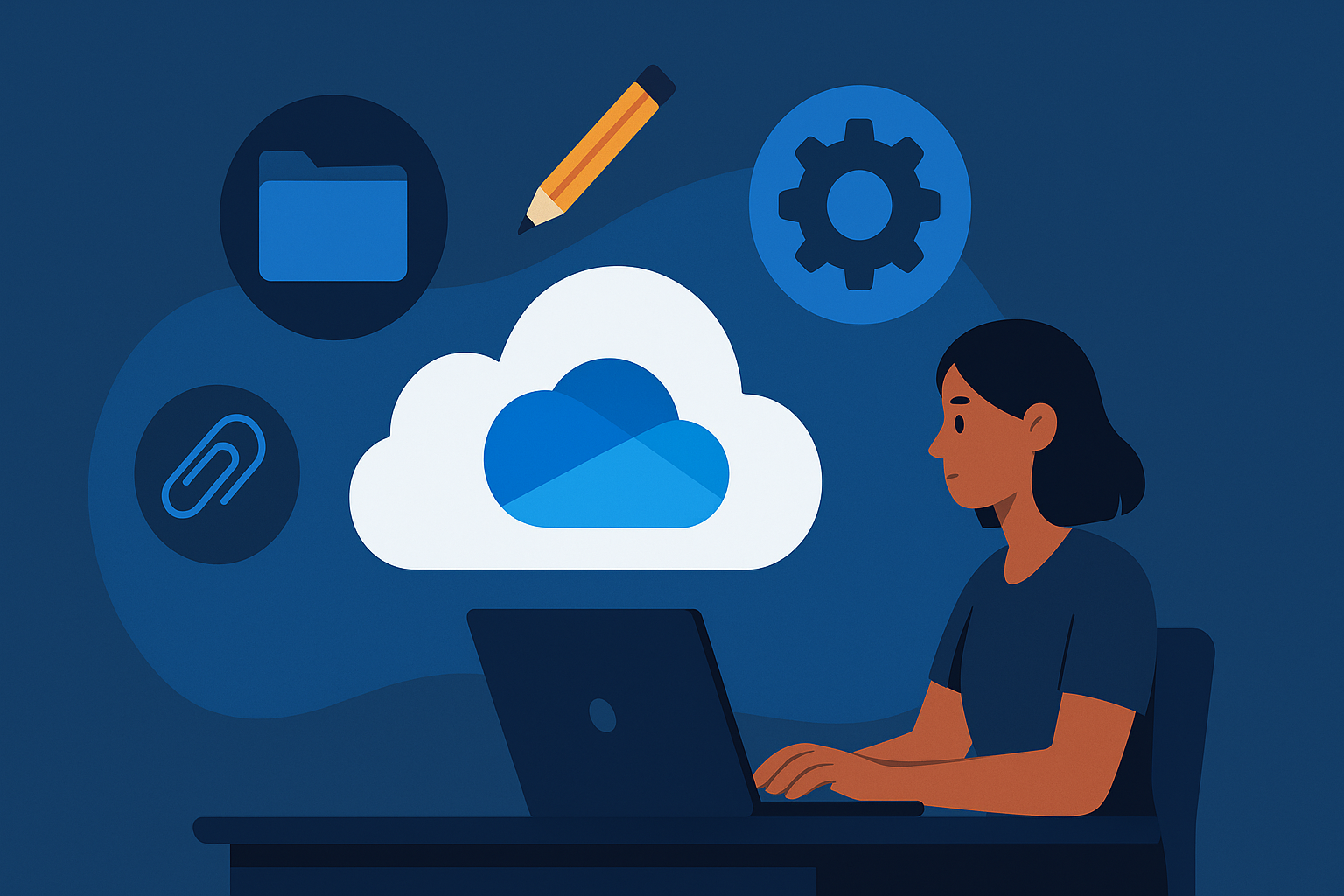 폴더, 기어, 연필 아이콘으로 둘러싸인 OneDrive 클라우드 아이콘입니다.