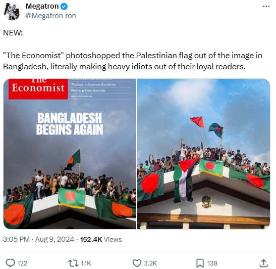 "The Economist" photoshopped the Palestinian flag out of the image in Bangladesh, literally making heavy idiots out of their loyal readers.