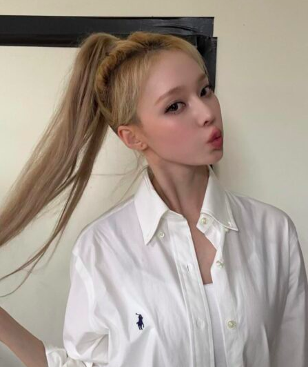 A picture of Winter's gorgeous ponytail and white shirt