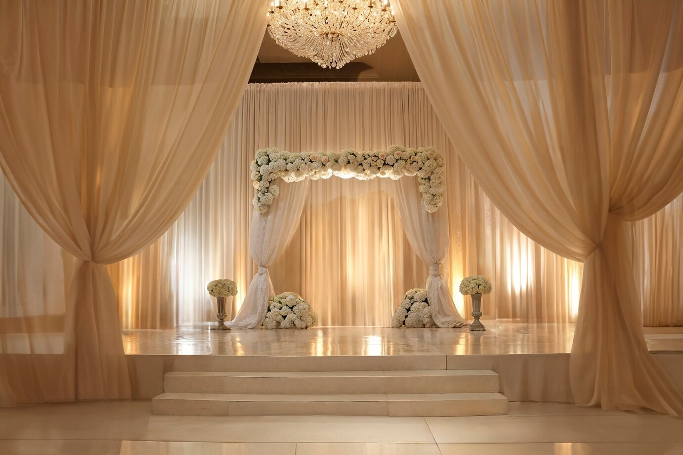 Beautifully coordinated Indian wedding stage decor featuring vibrant drapes, floral arrangements, and traditional elements, creating a stunning focal point for a New York wedding celebration.